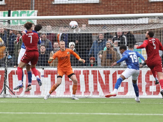 Action from Worthing and St Albans' nine-goal thriller in the National League South at Woodside Road