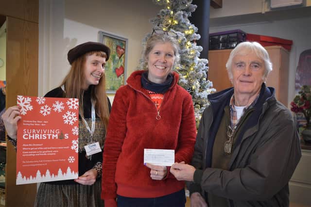 Cheque presentation from Elm Tree Bootsale, Icklesham, to Surviving Christmas in Hastings.
L-R: Jane Caley (HVA), Jude Cooper (Secretary Surviving Christmas) and Kit McLean (Elm Tree Bootsale).