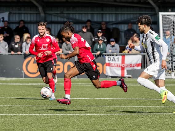 Action from Eastbourne Borough's National South win ovder Dartford at Priory Lane