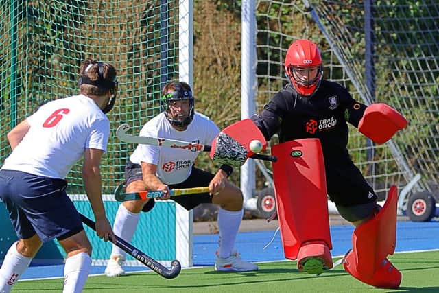 Ollie Crossley saving a short corner | Picture: Nick Evans UK Hockey Photos