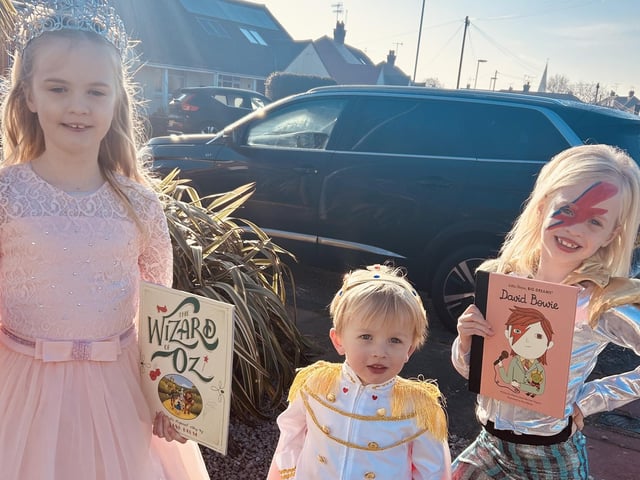 Victoria Emerson sent in this photo of Eva-Marie Emerson as Glinda from The Wizard Of Oz, River Emerson as King of Hearts from Alice in Wonderland and Aria Emerson as Ziggy Stardust from David Bowie, Little People, Big Dreams