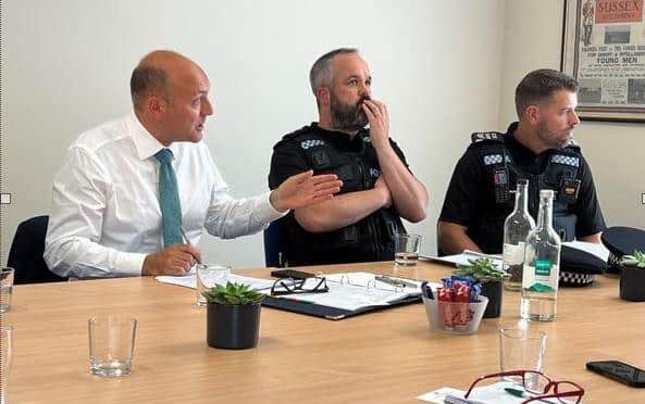 Arundel and South Downs MP Andrew Griffith at a community meeting with police officers in Pulborough on Friday