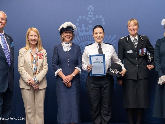 Loren Sims (centre right) joined the force in May 2018 and worked as a Contact Handler after previously working in mental healthcare at an acute psychiatric hospital. She later switched to a role as a PCSO in Eastbourne, and is now looking forward to service in a frontline role.