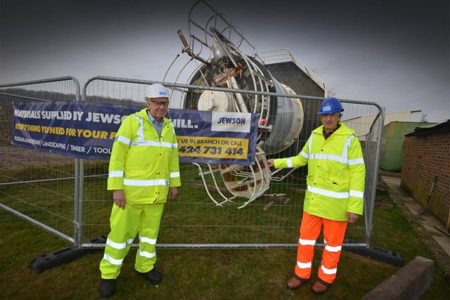 The Lantern Tower from the Royal Sovereign Lighthouse pictured at Ibstock, Bexhill, which is where it's being stored. 
L-R: Gordon Smith (Trustee, Vice-Chair and Press and Marketing Bexhill Maritime) and Raymond Konyn (Trustee, Founder and Chair of Bexhill Maritime).