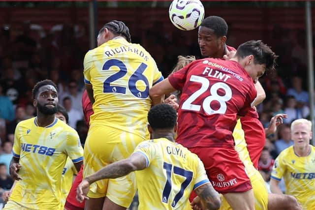Josh Flint in an aerial battle pre-season | Picture: Natalie Mayhew