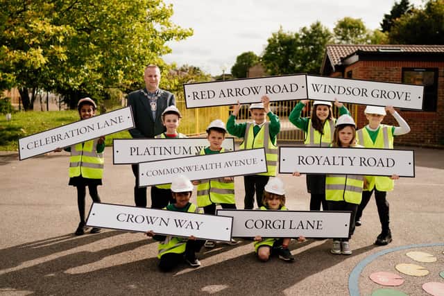 Burgess Hill town mayor Peter Chapman with pupils at Sheddingdean Community Primary School