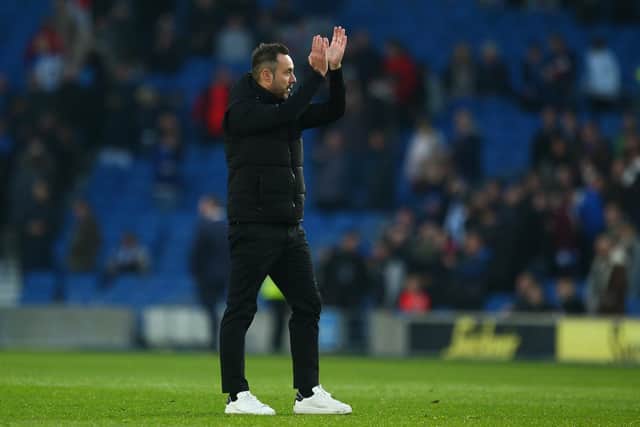 Brighton boss Roberto De Zerbi acknowledges the fans following Brighton's defeat against Aston Villa  (Photo by Christopher Lee/Getty Images)