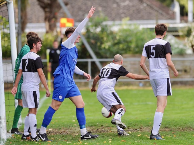 Action from Shoreham's 4-2 win at East Preston in division one of the Southern Combination League