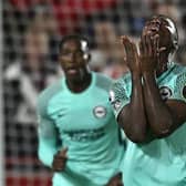 Brighton's Ecuadorian midfielder Moises Caicedo reacts during Brighton's painful Premier League loss at Brentford