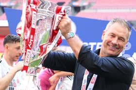 Crawley Town boss Scott Lindsey with the trophy | Picture: Natale Mayhew/Butterfly Football