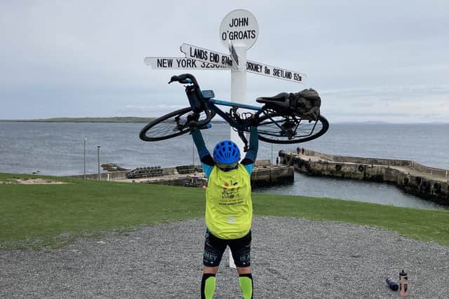 Retired Worthing teacher Claire Moyle cycled more than 1,000 miles from Lands’ End to John O’Groats to raise money for a new minibus at her former school. Photo contributed