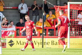 Adam Campbell is all smiles after scoring his second goal against Newport County. Picture: Eva Gilbert