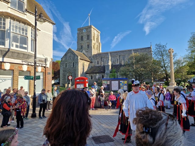Sompting Village Morris celebrating May Day 2025 in Shoreham, where a large crowd gathered at 7am to watch to fun