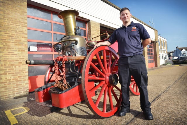Charity car wash at Bexhill fire station on October 7 2023. The car wash was in aid of The Fire Fighters Charity and also for the Merryweather restoration project.

Bexhill's original 1895 horse-drawn Merryweather fire engine is pictured here with Andy Hewson.