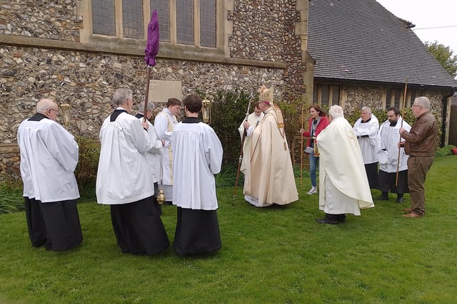 The Bishop of Lewes arriving at the foundation stone, which is situated at the front of the church as it faces South Street