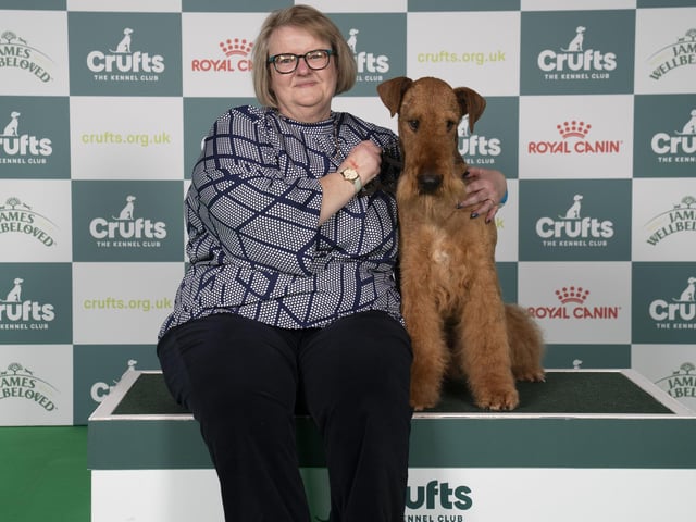 Julie Brown, from Selsey, with Herbie, an Airedale Terrier, which was the Best of Breed winner at Crufts Day 1 (Thursday, March 6).