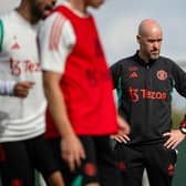 Manager Erik ten Hag of Manchester United in action during a first team training session at Carrington Training Ground ahead of Brighton