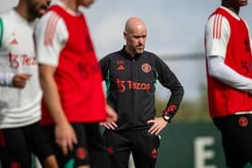 Manager Erik ten Hag of Manchester United in action during a first team training session at Carrington Training Ground ahead of Brighton