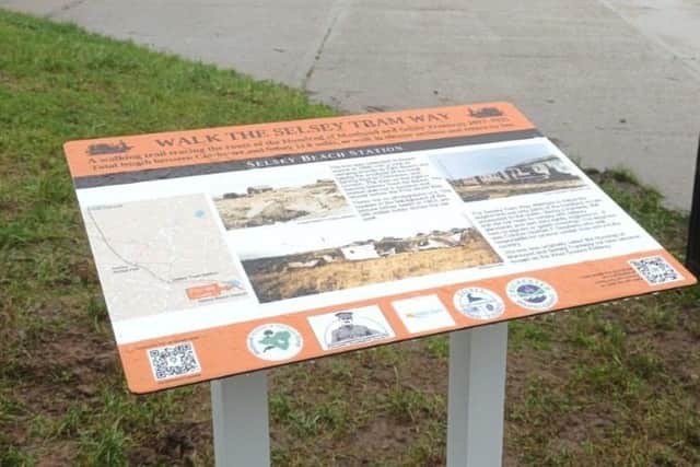Sawn off and stolen: the heritage charity's new signboard in position at the site of the Selsey Tramway's seaside terminus