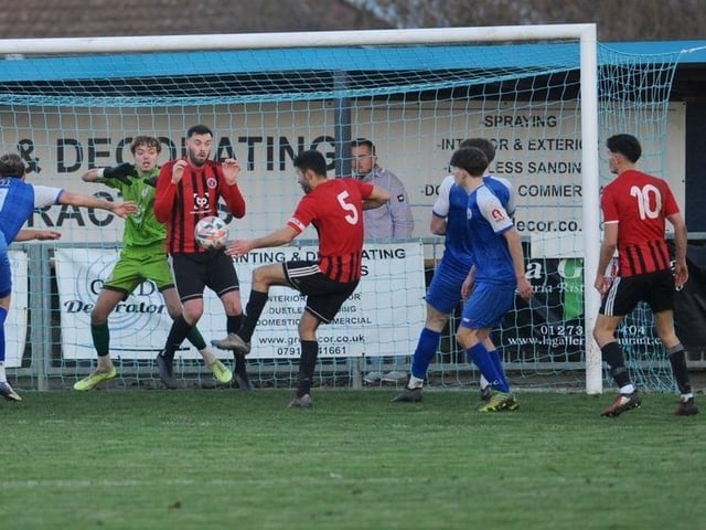 Action from Shoreham's win over AFC Varndeanians in the SCFL premier division