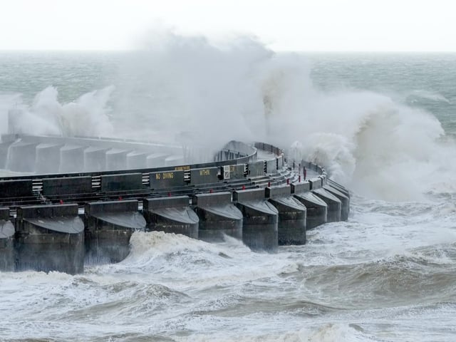 Brighton (pictured), Chichester, Worthing, Hastings, Eastbourne and Shoreham and other places across the county have all been affected by the heavy rain and winds brought by Storm Claudio.