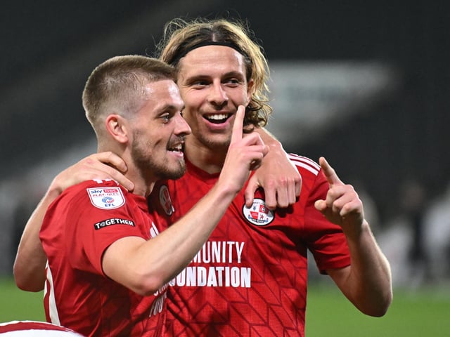 Crawley Town forward Danilo Orsi (9) scores a goal and celebrates with Crawley Town midfielder Ronan Darcy (10) 1-5 during the EFL Sky Bet League 2 play-off second leg match between Milton Keynes Dons and Crawley Town at stadium:mk, Milton Keynes, England on 11 May 2024.:Crawley Town hammered MK Dons 5-1 - and 8-1 on aggregate - to reach the League Two play-off final Wembley. Photographer Dennis Goodwin/Pro Sport Images was there to catch the action, the crowd and the celebrations