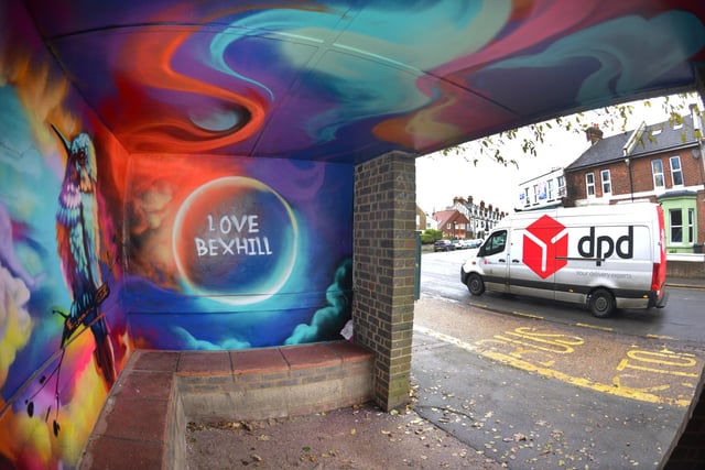 Fantastic mural inside a vandalised bus stop in Terminus Road, Bexhill, created by W.Ave Arts Bexhill.
