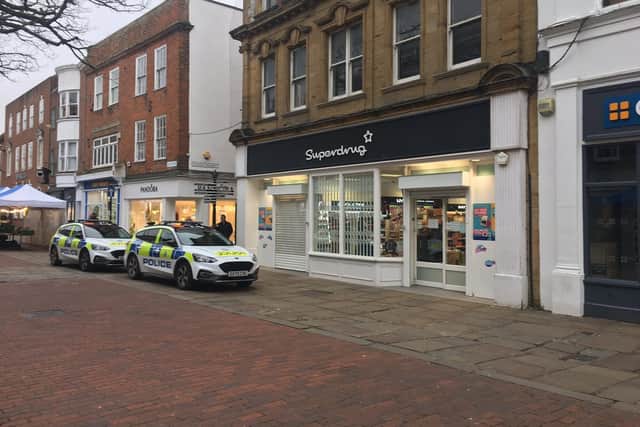 Police at the scene outside Superdrug in East Street, Chichester. Picture via @urbanSpaceXman