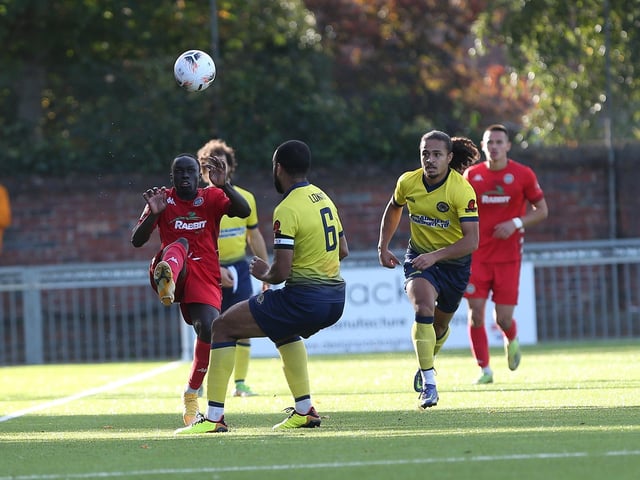 Action from Worthing's National League South clash at home to Farnborough at Woodside Road