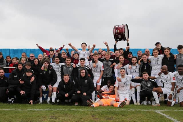 The Hastings Utd team and fans at Canvey | Picture: Scott White