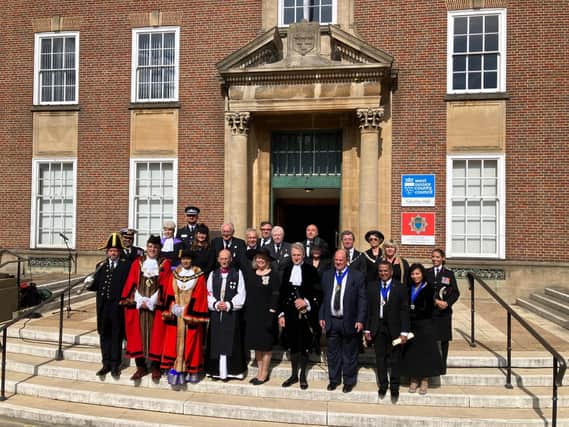 Dignitaries on the steps of County Hall this afternoon