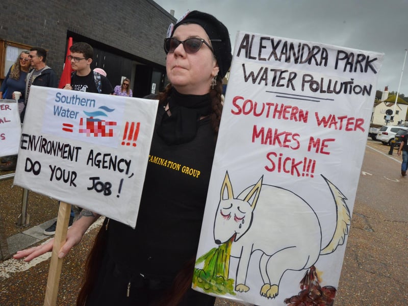 Protest outside Southern Water's Your Water Matters event in Hastings Old Town on October 12 2023.