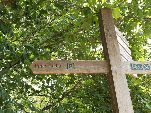 The first bit is easy, a straight walk through the woods to Upper Lodges Car Park. As you near it, you just need to turn left into it, as indicated by a second signpost like this one.
