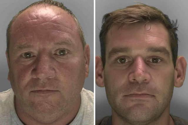 Father and son Richard Chapman Senior (left) and Richard Chapman Junior have been convicted and jailed following a violent assault on a woman in Crawley. Picture courtesy of Sussex Police