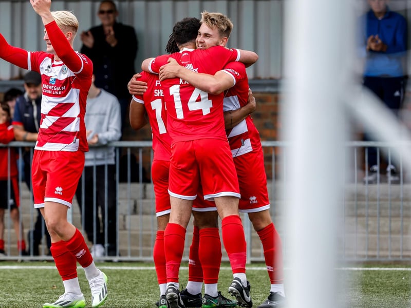 Images from Eastbourne Borough's 2023-24 season opener, a 1-0 National South home win over Hampton and Richmond