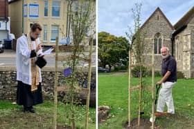 Father Felix Smith blessing the tree and David Herson, chair of Lancing & Sompting u3a, planting it