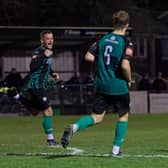 Burgess Hill Town celebrate a goal in their Senior Cup tie with Steyning, but it ended in a shootour defeat | Picture: Chris Neal