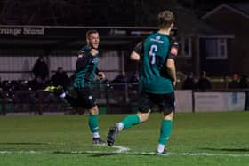 Burgess Hill Town celebrate a goal in their Senior Cup tie with Steyning, but it ended in a shootour defeat | Picture: Chris Neal
