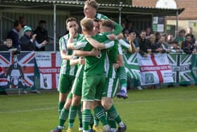 Chichester City celebrate the goal that proved the winner | Picture: Neil Holmes