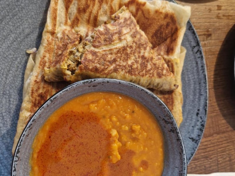 Murtabak – stuffed roti with a choice of filling (lamb or spinach and cheese), served with dhal kari.