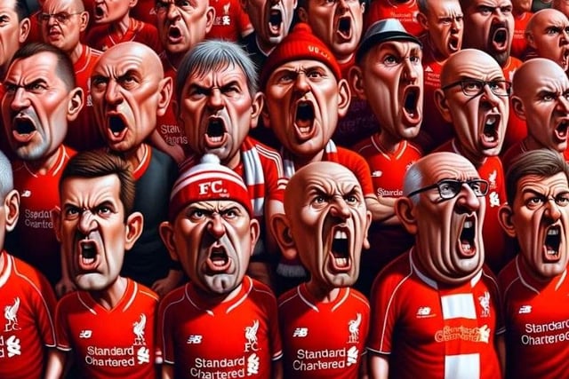 Liverpool supporters are stereotyped for their strong sense of local identity and pride in their City, as well as for their club’s anthem, ‘You’ll Never Walk Alone”. The fans are known for their passion and atmosphere of unity and solidarity.  “The fans display expressions of passion, unity and resilience, reflecting the club’s anthem ‘You’ll Never Walk Alone’. [The scene captures] the deep sense of community, enduring loyalty, and vibrant atmosphere that defines Liverpool’s fanbase.”