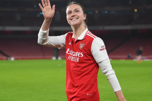 Arsenal and England star Lotte Wubben-Moy showed her gratitude to travelling Gunners supporters at a pub in Crawley after their FA Women’s Super League game at Brighton & Hove Albion was postponed. Picture by David Price/Arsenal FC via Getty Images