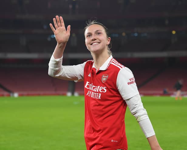 Arsenal and England star Lotte Wubben-Moy showed her gratitude to travelling Gunners supporters at a pub in Crawley after their FA Women’s Super League game at Brighton & Hove Albion was postponed. Picture by David Price/Arsenal FC via Getty Images