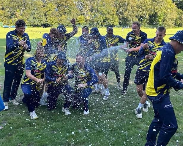 Hastings Priory players celebrate promotion after beating Brighton | Picture: Hastings Priory CC