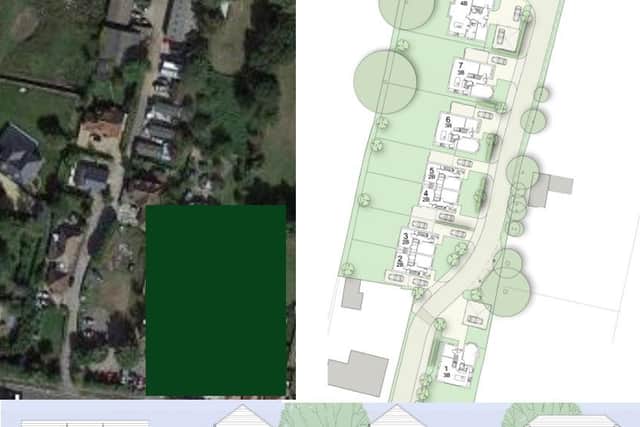 Existing buildings on the left and proposed layout of the housing development on the right