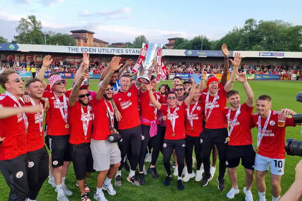 Crawley Town held a promotion party at the Broadfield Stadium on Monday night to celebrate winning the League Two play-off final at Wembley. Players and staff paraded the trophy to 2,000 fans and signed autographs and took selfies.