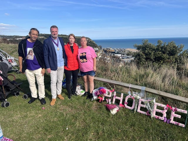 The event in memory of Phoebe. Cllr David Whitehill, deputy mayor, with Helena Dollimore, Hastings MP, and Tamzin Abbott