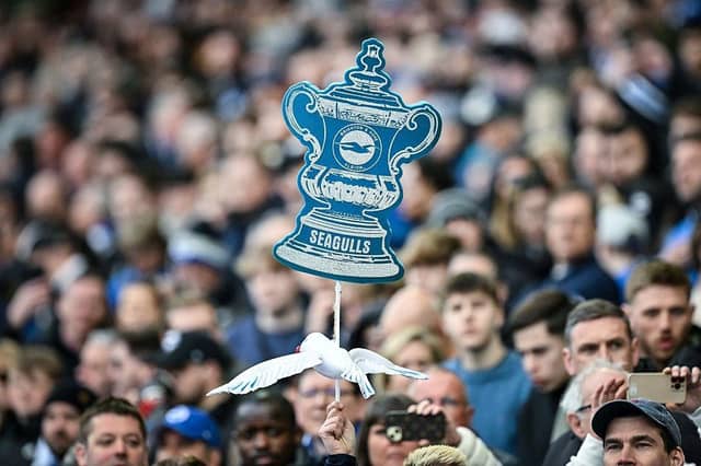 A supporter holds a mock FA Cup trophy with the Brighton & Hove Albion's logo
