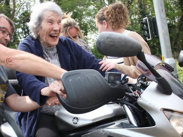 Diane was thrilled to finally sit on a motorbike