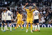 Georginio Rutter celebrates Brighton's second equaliser at Tottenham on Saturday - another setback in Spurs' fight to stay up (Photo by Mike Hewitt/Getty Images)